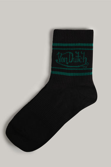 Black Von Dutch classic socks with logo details, made by Bonkerscorner UAE, shown on a white background.