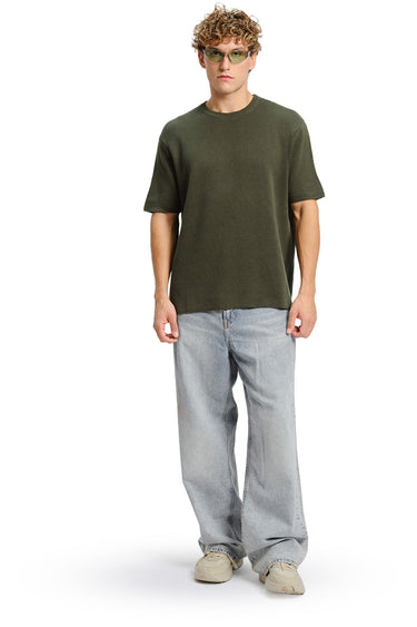 Olive Relaxed Fit Knit T-shirt - BonkersCorner