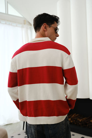 Red Stripe V-Neck Knit Polo - BonkersCorner