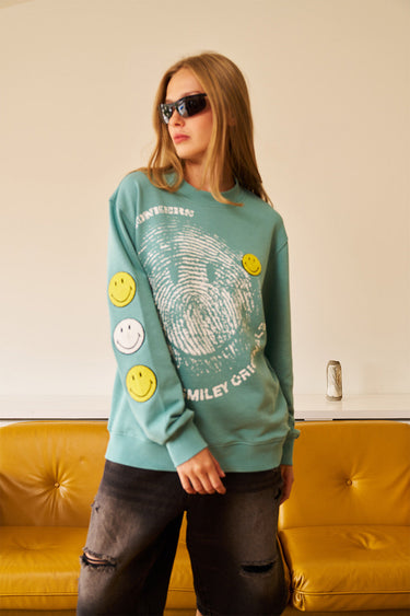 Smiley Originals Chenille Patch Sleeves Sweatshirt - BonkersCorner