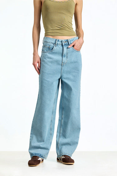 Light blue Ice Fade Relaxed Fit Jeans by Bonkerscorner UAE showing front view with distressed details and relaxed fit style.