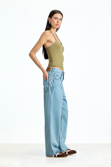 Light blue Ice Fade relaxed fit jeans by Bonkerscorner UAE with distressed details and classic five-pocket design.