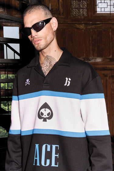 Bonkers Corner Ace full sleeves heavy weight polo shirt in a natural fabric, shown with long sleeves and classic collar.