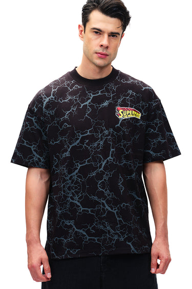 Black oversized Action Out Of Comics T-shirt by Bonkers Corner, featuring bold comic-inspired design and relaxed fit.