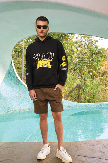 Black hoodie with "Ahoy" graphic from Bonkers Corner, featuring a comfortable fit and casual style.