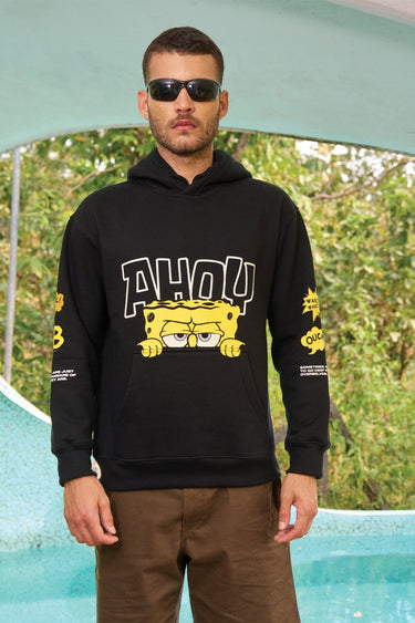 Bonkers Corner Ahoy black hoodie, front view showing the cozy cotton fabric and nautical-themed design on the chest.