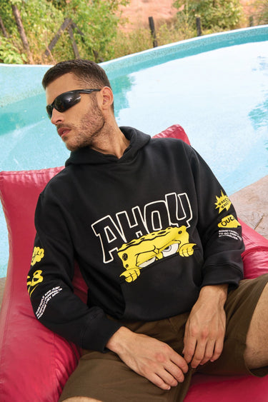 Black hoodie from Bonkers Corner featuring a nautical "Ahoy" design, casual fit, and soft fabric for comfortable wear.