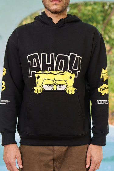 Bonkers Corner Ahoy black hoodie with front pocket and hood, casual unisex sweatshirt for everyday wear.