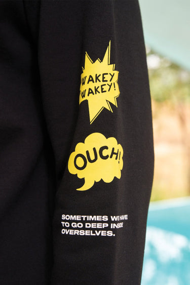 Bonkers Corner Ahoy black hoodie with front pocket and drawstrings, casual streetwear style.