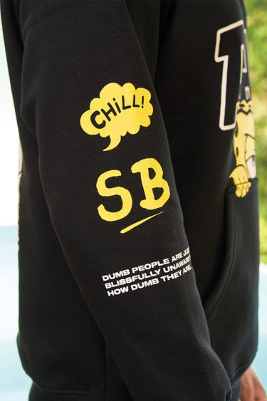 Black Ahoy hoodie by Bonkers Corner featuring a front graphic and adjustable drawstrings, casual streetwear style.