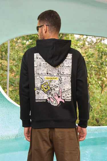 Bonkers Corner Ahoy black hoodie displayed, featuring a casual fit with a front pocket and hood, made of soft fabric.
