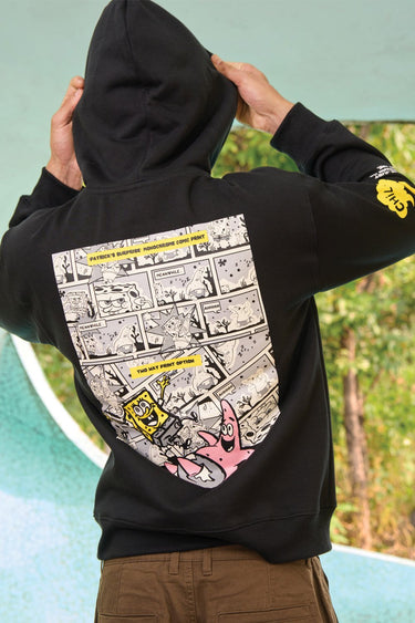 Bonkers Corner Ahoy black hoodie with front pocket and hood, casual streetwear style for men and women.