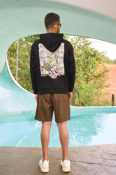Bonkers Corner Ahoy black hoodie, unisex casual sweatshirt with front pocket and hood, soft cotton fabric, casual streetwear style