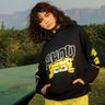 Black Ahoy hoodie by Bonkers Corner, featuring a comfortable fit and bold design, displayed on a hanger.