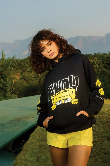 Bonkers Corner Ahoy Black Hoodie featuring a casual fit and nautical-themed design, made from soft, comfortable fabric.
