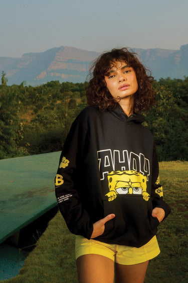 Bonkers Corner Ahoy black hoodie with front pocket and drawstrings, casual streetwear style, shown on a plain background.