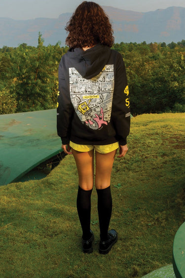 Black hoodie from Bonkers Corner with "Ahoy" logo design, featuring a casual fit and soft fabric.
