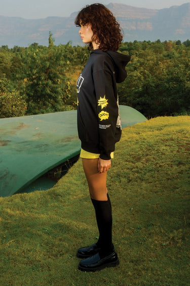 Bonkers Corner Ahoy black hoodie featuring a casual fit, with a front pocket and hood, displayed on a plain background.