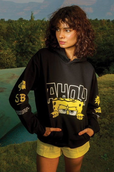Black hoodie from Bonkers Corner with "Ahoy" graphic, featuring a casual fit and soft fabric.