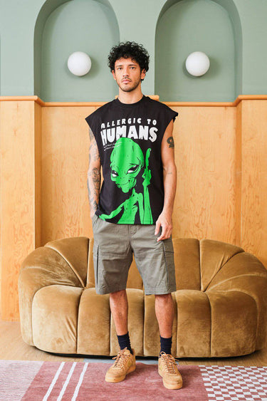 Bonkers Corner oversized tank top with "Allergic To Humans" print, casual fit, white sleeveless shirt for a relaxed style.