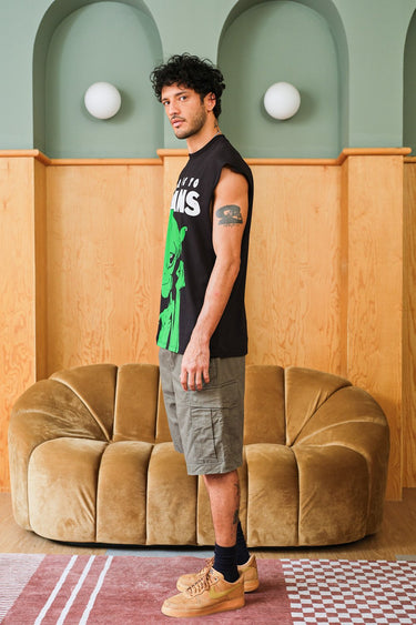 Bonkers Corner oversized tank top with "Allergic To Humans" print, featuring a relaxed fit and casual style.