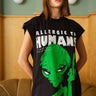 Bonkers Corner oversized tank top with "Allergic To Humans" slogan in black on white fabric, casual unisex style.