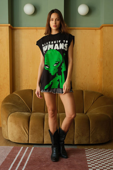 Bonkers Corner oversized tank top with "Allergic To Humans" graphic, casual fit, sleeveless design, black fabric, front view.