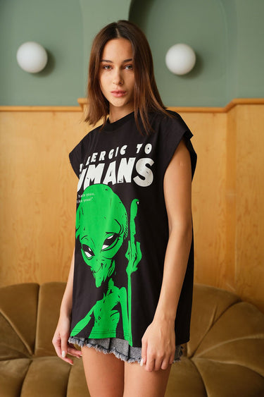 Bonkers Corner oversized tank top with "Allergic To Humans" print, casual sleeveless design, white fabric, front view.