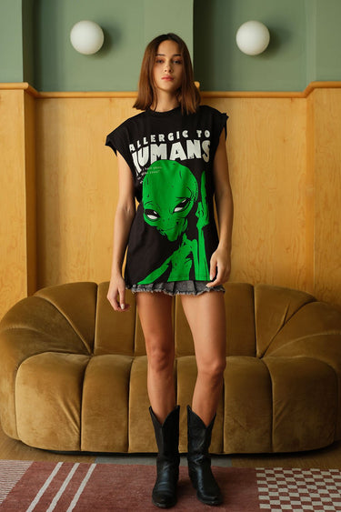 Bonkers Corner oversized tank top with "Allergic To Humans" graphic, casual fit, lightweight fabric, on a plain background.