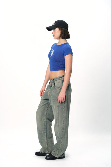 Bonkers Corner Aries Aura Long Length Baby Tee in white with graphic print, fitted style, and short sleeves.