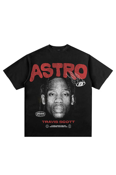 Bonkers Corner Astroworld Scott oversized T-shirt in black with graphic print, casual fit, front view.