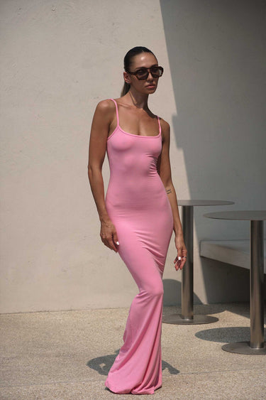 Baby pink soft lounge maxi dress by Bonkers Corner, featuring a comfortable, flowy fabric and relaxed fit for casual wear.