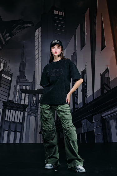 Faded oversized Bonkers Corner Bat Emblem T-shirt in white with black bat logo on front, casual streetwear style
