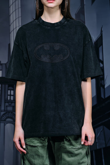 Faded oversized T-shirt with Bat emblem print by Bonkers Corner, featuring a relaxed fit and graphic design.