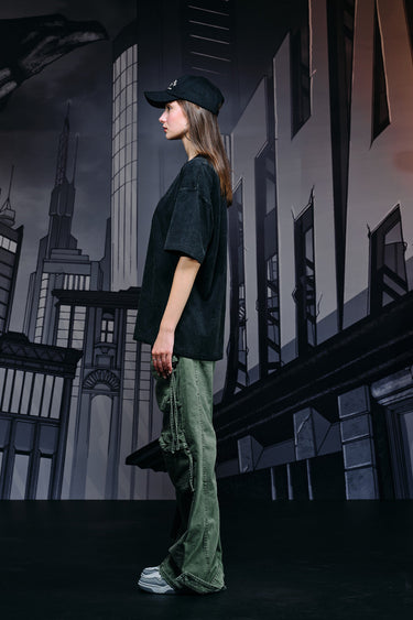 Faded oversized T-shirt with Bat emblem in black and gray, by Bonkers Corner, featuring a relaxed fit and graphic design.