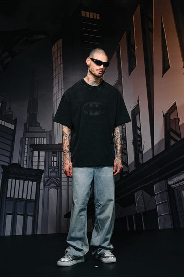 Faded oversized black T-shirt with Bat emblem print from Bonkers Corner, relaxed fit and casual style.