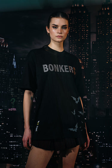 Black oversized T-shirt by Bonkers Corner featuring embroidered Batman Rage logo on the front.