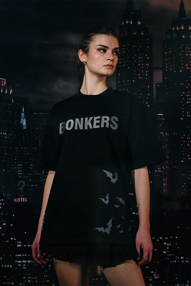 Bonkers Corner Batman Rage embroidered oversized T-shirt with bold Batman graphic and vibrant embroidery detail.