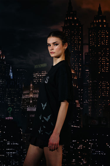 Bonkers Corner Batman Rage embroidered oversized T-shirt featuring bold logo design in black and gray fabric.