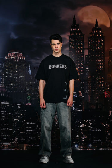 Oversized Batman Rage embroidered T-shirt by Bonkers Corner, featuring bold Batman graphic and detailed embroidery on soft fabric.