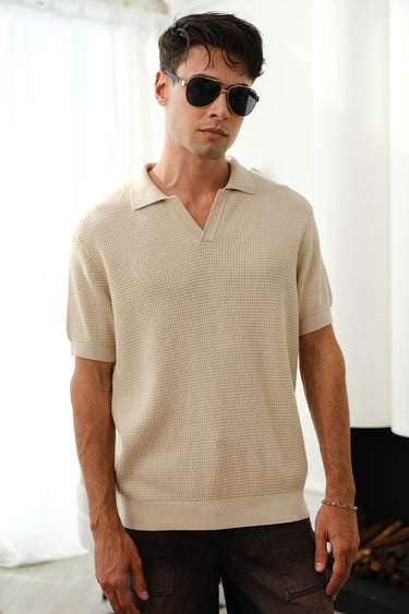 Beige knit textured polo t-shirt by Bonkers Corner featuring a classic collar and short sleeves, casual men's knitwear.