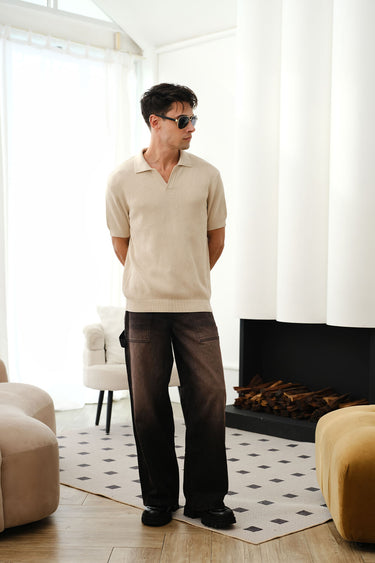 Beige knit textured polo T-shirt by Bonkers Corner, close-up of fabric and collar detail on a casual men's shirt.