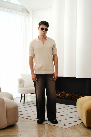 Beige knit textured polo T-shirt by Bonkers Corner, close-up of fabric and collar detail.