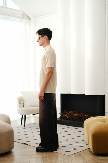 Beige knit textured polo T-shirt by Bonkers Corner featuring a classic collar and short sleeves, casual and stylish.