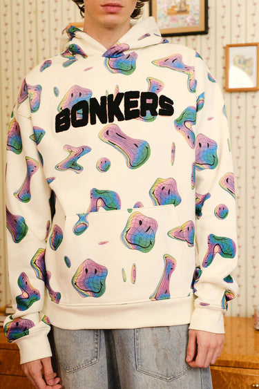 Beige Smiley Originals hoodie from Bonkers Corner showing a casual hoodie with smiley face design and comfortable fit.