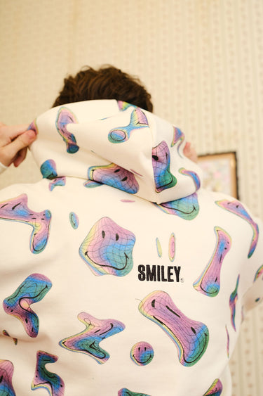 Beige Smiley Originals hoodie by Bonkers Corner featuring a cheerful smiley face design, casual and comfortable fit.