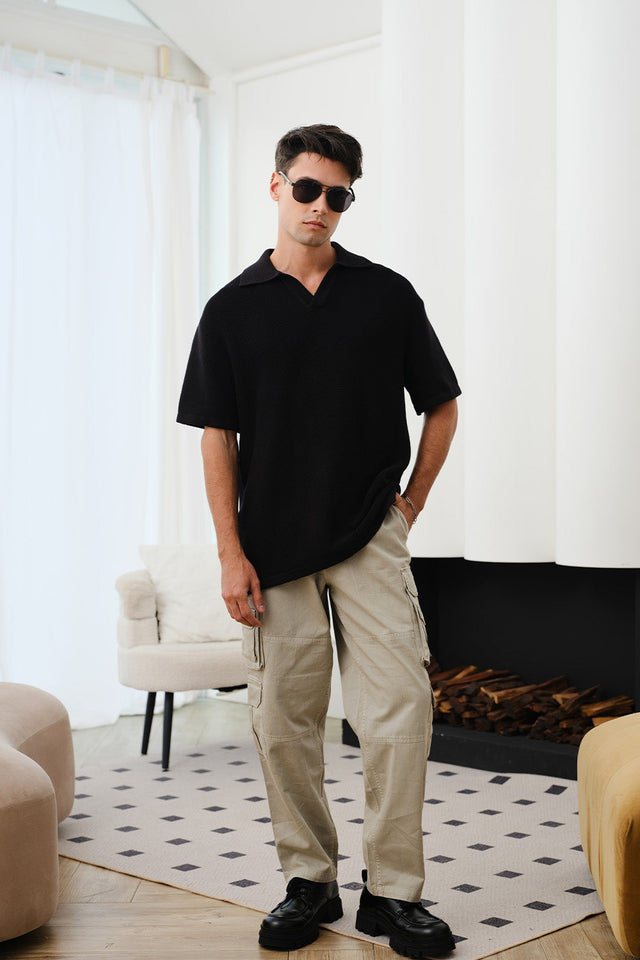 Black Knit Textured Polo T-shirt