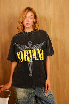 Black Nirvana oversized T-shirt by Bonkers Corner featuring a relaxed fit and bold Nirvana logo on the front.