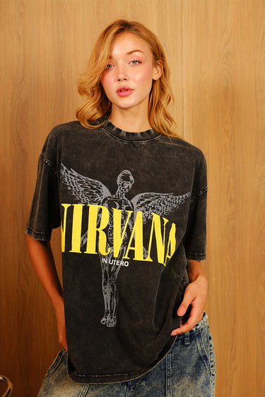 Black Nirvana oversized T-shirt by Bonkers Corner, featuring a relaxed fit and classic band graphic design.