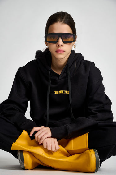 Black Bonkers Corner oversized heavyweight fleece hoodie with signature design, featuring a relaxed fit and cozy fabric.